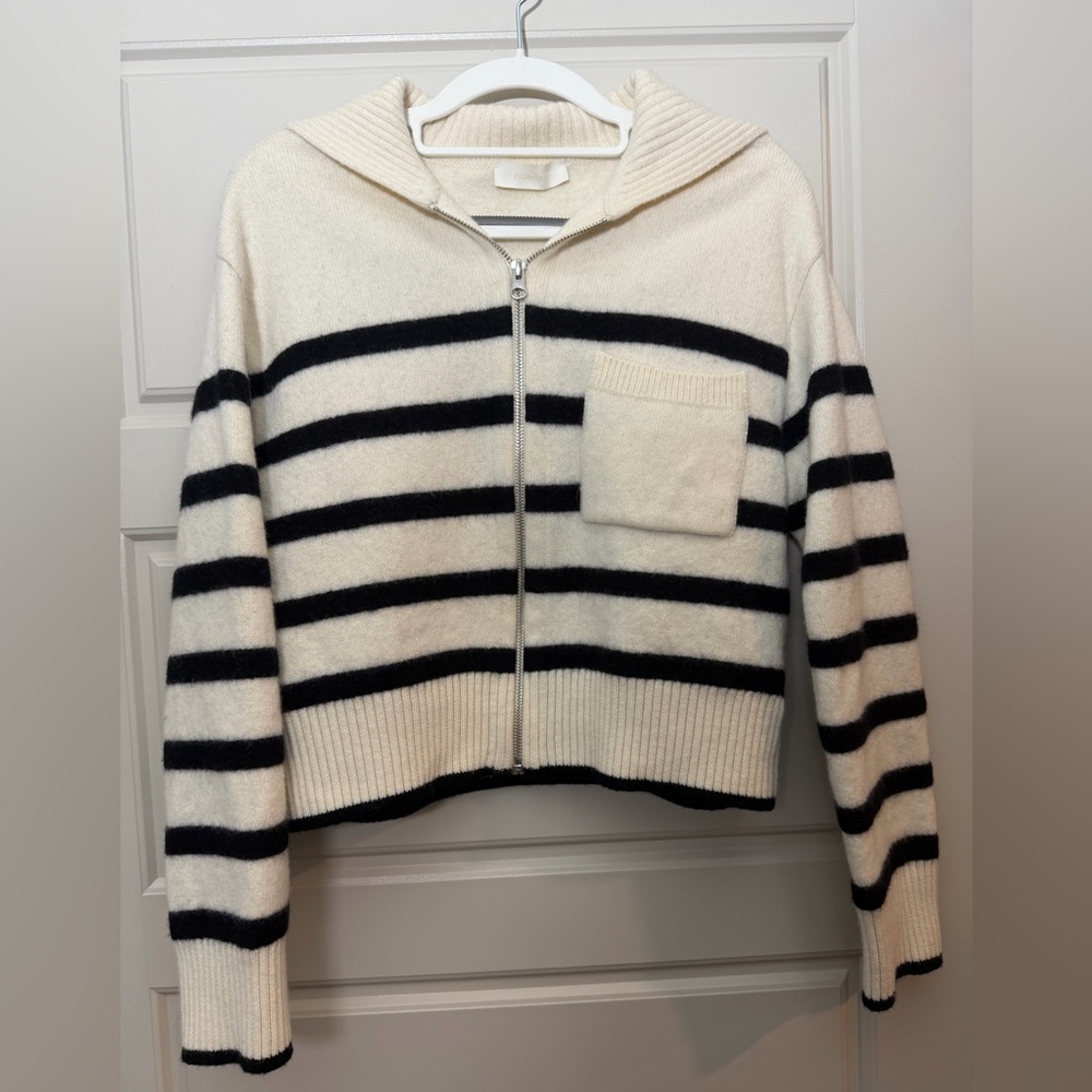 FRONTROW Striped Zip-Up Knit Wool Cardigan | Cream & Black M